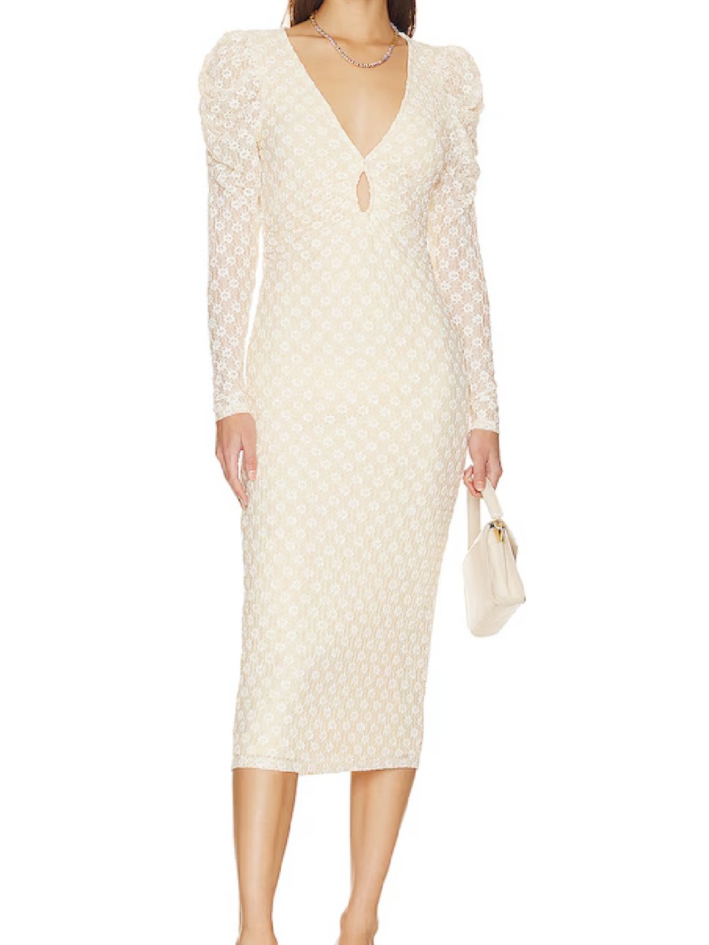 Lovers And Friends Zoey Embroidered Lace Puff Sleeves Midi Dress Ivory Size XS